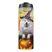 Grizzly Samojeed Honden Halloween Heks en Pompoen Thermosbeker (Voorkant)