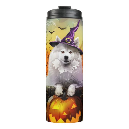 Grizzly Samojeed Honden Halloween Heks en Pompoen Thermosbeker (Voorkant)