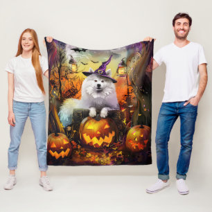 Grizzly Samoyed Honden Halloween Heks en Pompoen Fleece Deken