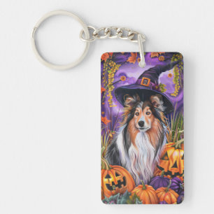 Grizzly Shetlandse Herder Halloween Heks Pompoen Sleutelhanger