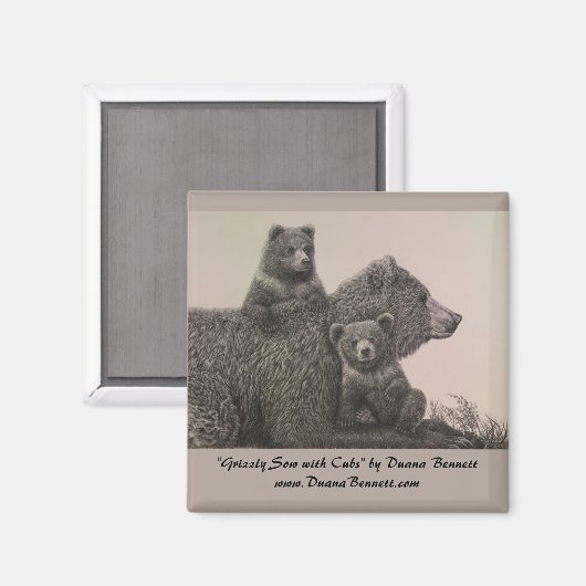 "Grizzly Sow with Cubs" tekening op een magneet (Voorkant / Achterkant)