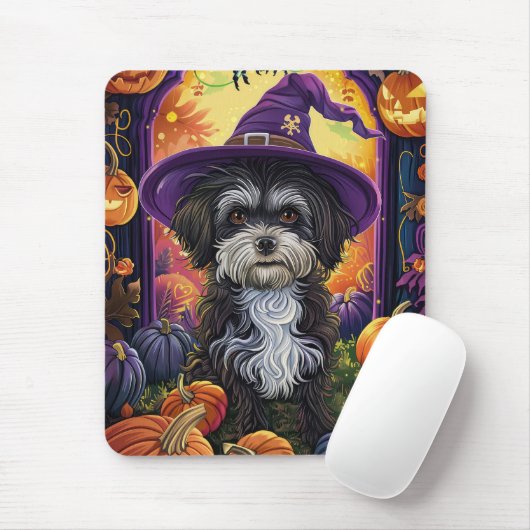 Grizzly uitziende Havanese hond Halloween heks en  Muismat (Met muis)
