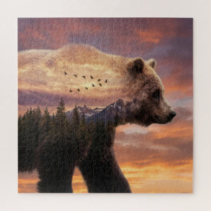 Grizzlybeer en berglandschap dubbele belichting legpuzzel
