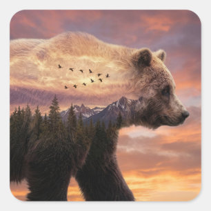 Grizzlybeer en berglandschap dubbele belichting vierkante sticker