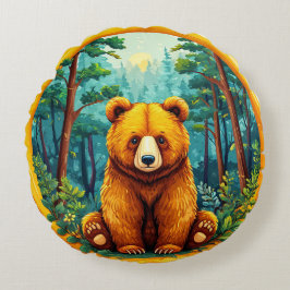Grizzlybeer in een bos rond kussen