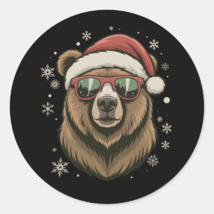 Grizzlybeer Kerstman Hoed Grappig Schattig Dierenl Ronde Sticker