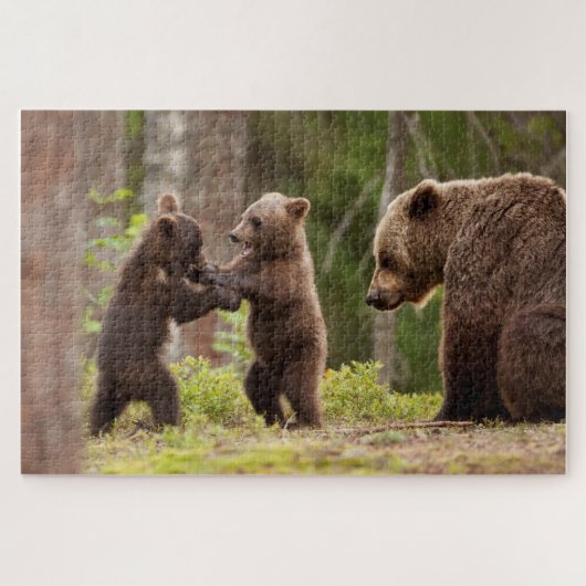 Grizzlybeer-moeder met speelse welpen legpuzzel (Horizontaal)