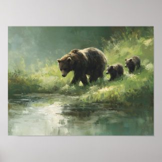 Grizzlyberenfamilie bij de rivier poster