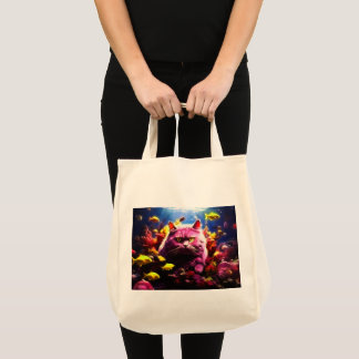 Grocery Bag with Cat Illustration Tote Bag