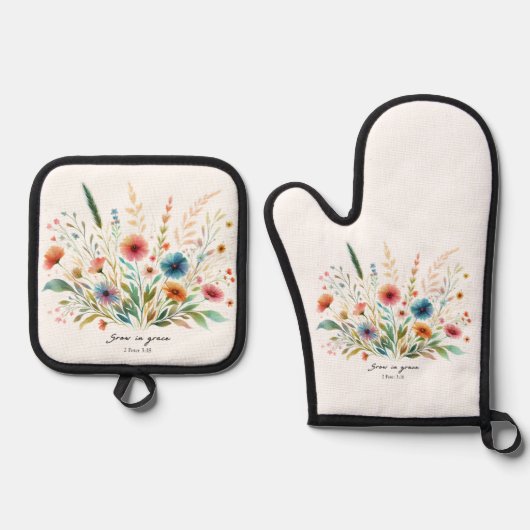 Groei in genade bloemrijk ovenwant & pannenlap set (Voorkant)