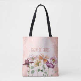 Groei in genade waterverf bloemige monogram tote bag