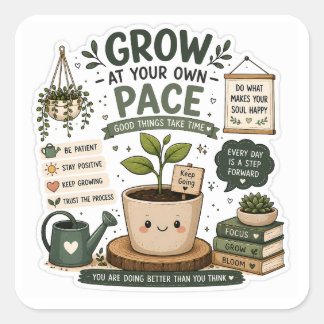 Groei in je eigen tempo – Gelukkige plant motivati Vierkante Sticker