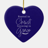 Groeiend in Genade Blauw en Wit Hart Kerstmis Keramisch Ornament (Achterkant)