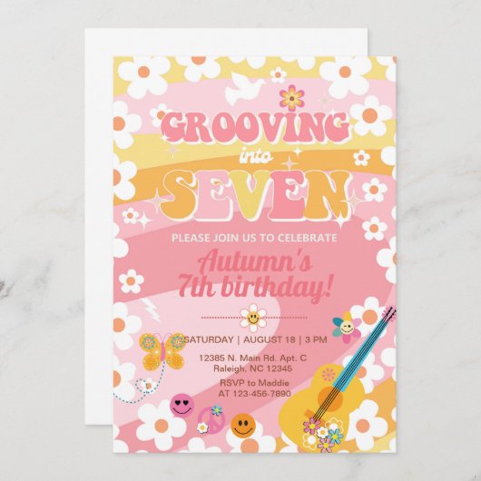 Groeiend in Zeven Groovy meisje 7e verjaardag. Kaart (Voorkant / Achterkant)