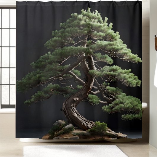 Groeiende Bonsai Pine Tree in Black Achtergrond Douchegordijn