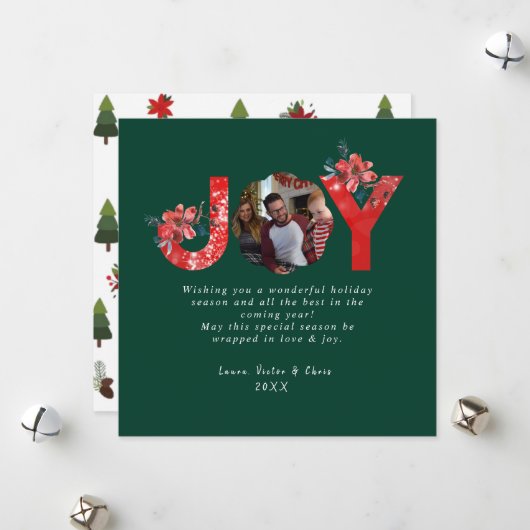 Groen 1 Foto Joy Eenvoudige Custom Kerstmis Feestdagenkaart (Voorkant / Achterkant in situ)