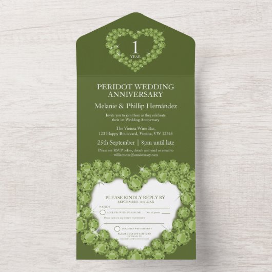 Groen 1e peridot trouwdag edelsteen all in one uitnodiging (Binnen)