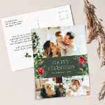 Groen 3 Foto Vrolijk Kerstfeest Waterverf Groen Briefkaart<br><div class="desc">Dit collectie is voorzien van waterverf rode bloemen,  bessen & wintergroen met een moderne en elegante typografie,  met een winterbotanische patroonrug.</div>