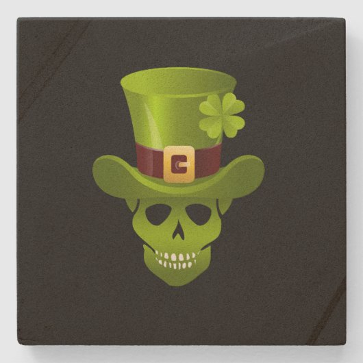 Groen 4 Leaf Shamrock Skull en Green Pet Stenen Onderzetter (Voorkant)
