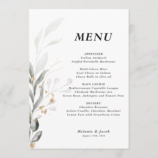 Groen 5x7 bewerkbare bruiloft Flat Menu (Voorkant)