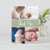 Groen aangepast 3-Baby-foto's Handlettering script Bedankkaart (Staand voorkant)