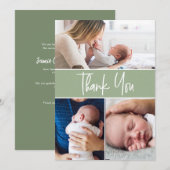 Groen aangepast 3-Baby-foto's Handlettering script Bedankkaart (Voorkant / Achterkant)