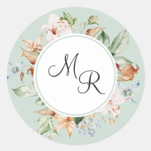Groen, Aarde Tones Floral Monogram Envelope Seal Ronde Sticker