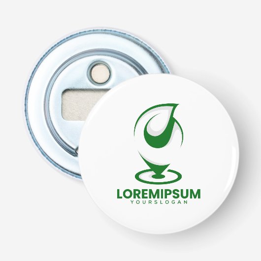Groen abstract waterdruppel en wereldlogo button flesopener (Voorkant)