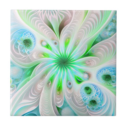 Groen + Abstracte Fractal Flower keramische Tegel Tegeltje (Voorkant)