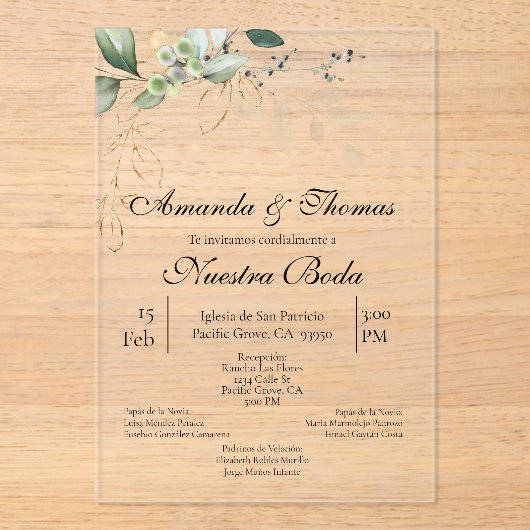 Groen acryl bruiloft Spaans Acryl Uitnodigingen (Voorkant)