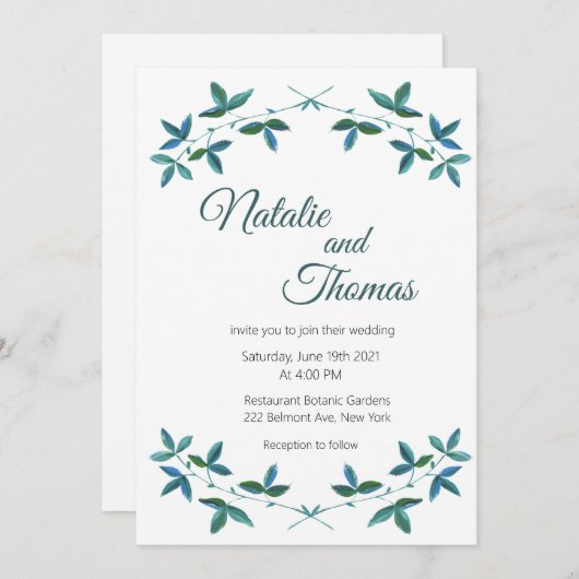 Groen, afdrukbare huwelijksuitnodiging, eenvoudig kaart (Voorkant / Achterkant)