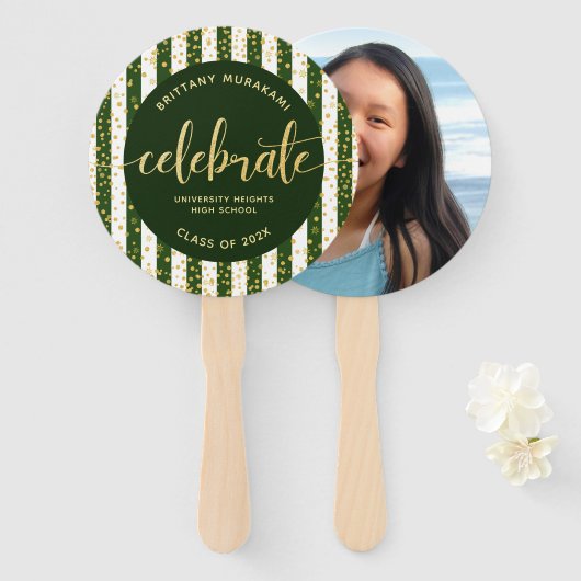 Groen afstudeerder foto gouden glitter script keep handwaaier (Voorkant en achterkant)