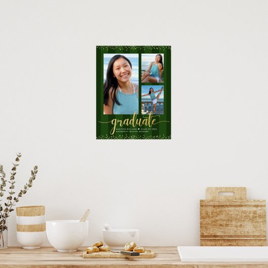 Groen Afstuderen 3 Foto Goud Glitter Script Chic Poster (Keuken)