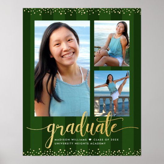 Groen Afstuderen 3 Foto Goud Glitter Script Chic Poster (Voorkant)