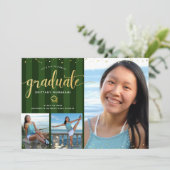 Groen afstuderen 3 foto gouden glitter script chic kaart (Staand voorkant)
