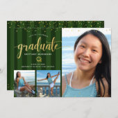 Groen afstuderen 3 foto gouden glitter script chic kaart (Voorkant / Achterkant)