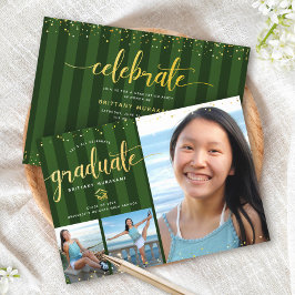 Groen afstuderen 3 foto gouden glitter script chic kaart