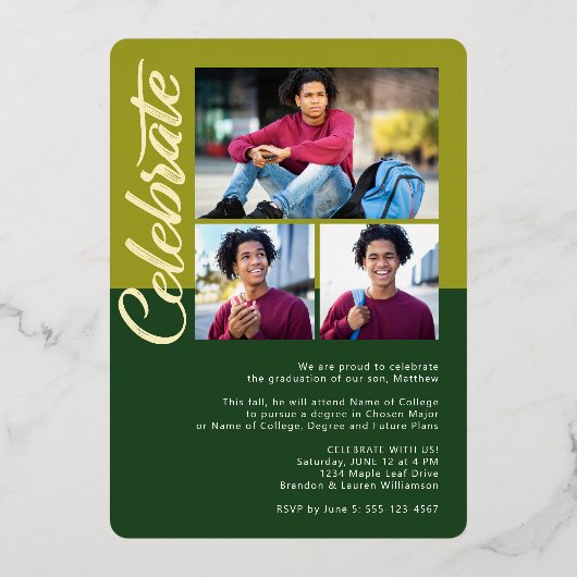 Groen Afstuderen 4 Foto Bold Arch Party Real Gold Folie Uitnodiging (Achterkant)