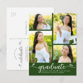 Groen Afstuderen 4 Foto modern Girly Script Heart Uitnodiging Briefkaart