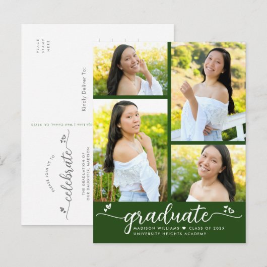 Groen Afstuderen 4 Foto modern Girly Script Heart Uitnodiging Briefkaart (Voorkant / Achterkant)