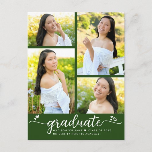 Groen Afstuderen 4 Foto modern Girly Script Heart Uitnodiging Briefkaart (Voorkant)