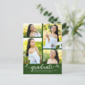 Groen Afstuderen 4 Foto modern Girly Script Heart Uitnodiging Briefkaart (Staand voorkant)