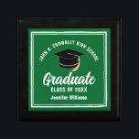 Groen Afstuderen Custom 2025 Graduation Party Cadeaudoosje<br><div class="desc">Deze moderne groene aangepaste afstuderen geschenkdoos is voorzien van witte typografie van uw middelbare school of universiteitsnaam voor de klas van 2025. Pas je aan met je afstudeerjaar onder het chique handgeschreven script en afstudeerder-pet voor een geweldig persoonlijk afstuderen cadeau.</div>