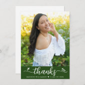 Groen Afstuderen Foto Modern Elegant Script Heart Bedankkaart (Voorkant / Achterkant)