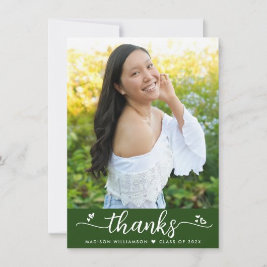 Groen Afstuderen Foto Modern Elegant Script Heart Bedankkaart (Voorkant)