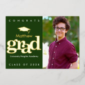 Groen afstuderen foto modern vet pet echt goud folie uitnodiging (Voorkant)