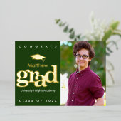 Groen afstuderen foto modern vet pet echt goud folie uitnodiging (Staand Voorkant)