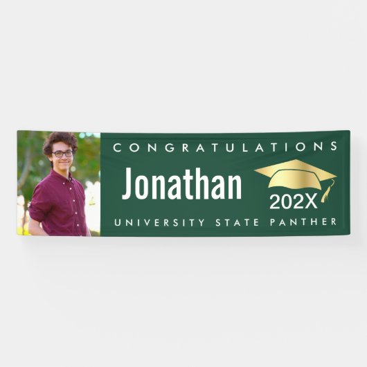 Groen afstuderen fotogoud pet moderne gedurfde sim spandoek (Horizontaal)