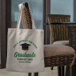 Groen Afstuderen Gepersonaliseerd Afstuderen 2023 Tote Bag<br><div class="desc">Deze moderne groene en zwarte aangepaste senior afstuderen canvas tas heeft de naam van uw middelbare school of college voor de klas van 2023. Pas aan met uw graduerend jaar onder het chic handgeschreven script en het zwarte afstudeerder pet voor een geweldig gepersonaliseerd cadeau van de graduatiepartij.</div>