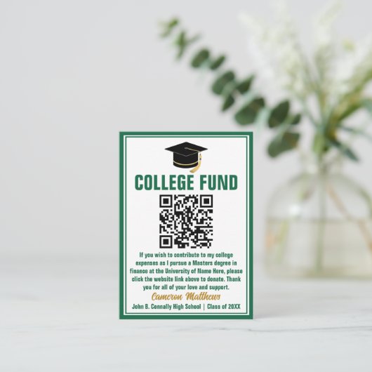 Groen Afstuderen Photo College Fund QR-code Informatiekaartje (Staand voorkant)